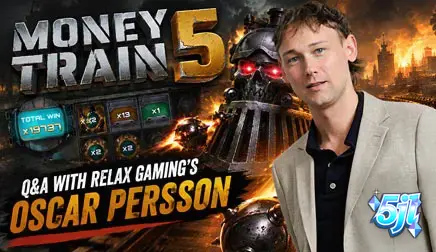 Isang visual na paglalarawan ng Money Train 5 na nagpapakita ng mga bagong karakter at ang dynamic na tren sa gitna ng isang steampunk na setting.