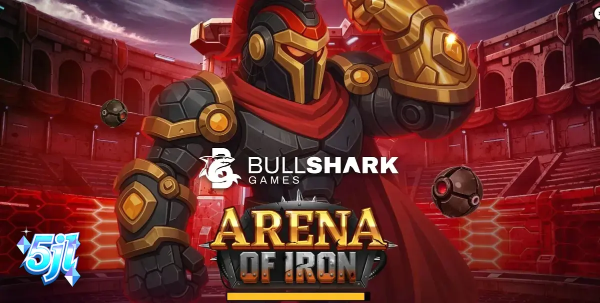 Isang futuristic na gladiator arena na may mga robotic na simbolo sa reels ng Arena of Iron slot.